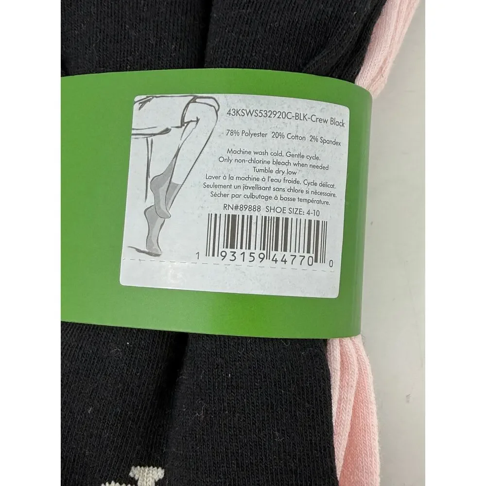 NWT Kate‎ Spade New York Crew Socks Bow Print 3 Pack Black Pink Gift Cute Preppy